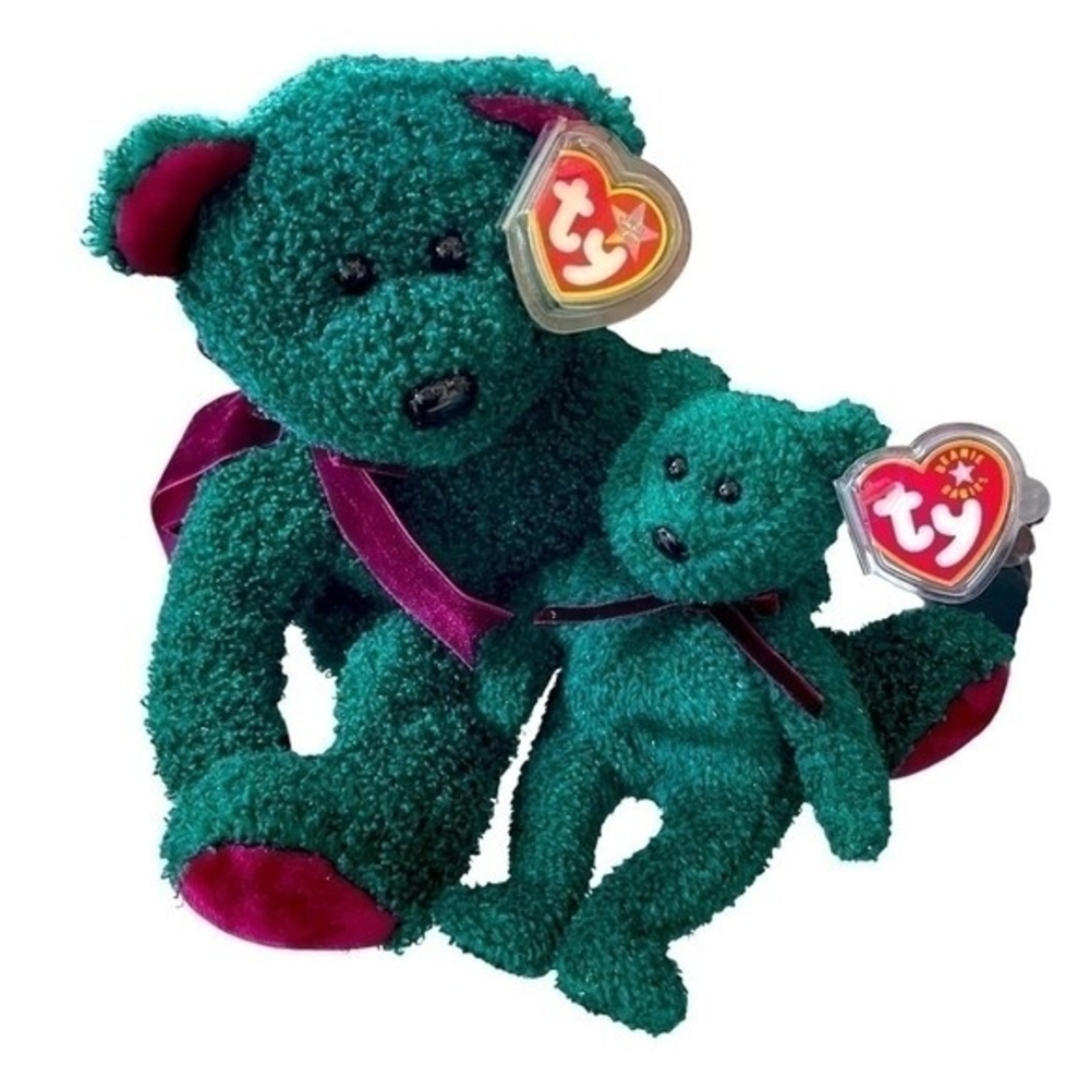 TY Beanie Buddy Wallace Bear 15 & Baby 9 Green Purple Ribbon 2001 NWT Christmas